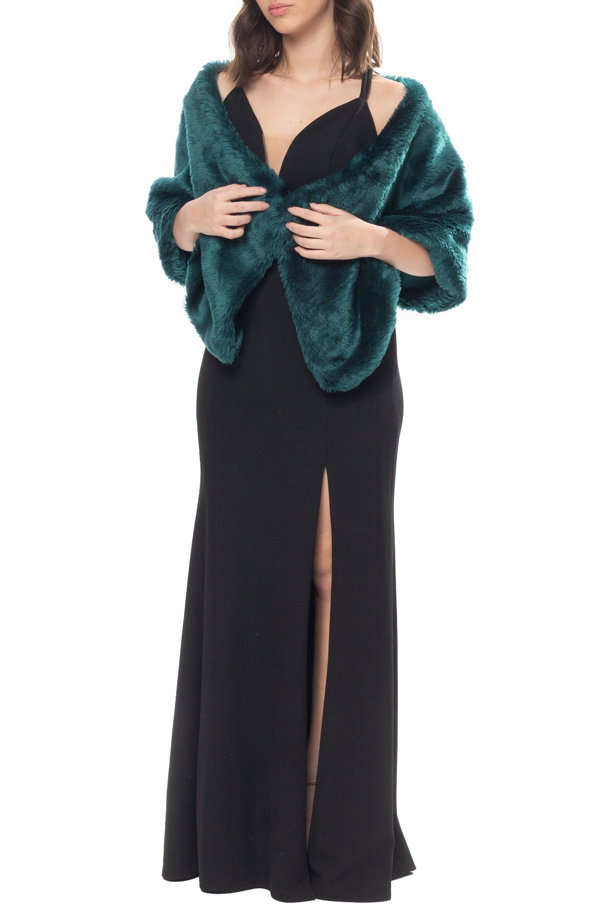 Dress Go Estola Pelo Fake Verde DG46741 Aluguel De Vestidos De 