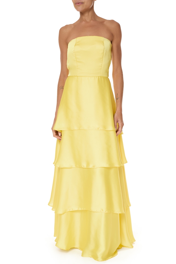 Vestido Longo Cetim Amarelo - DG76004 Essential Collection