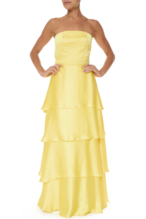 Vestido Longo Cetim Amarelo - DG76004 Essential Collection
