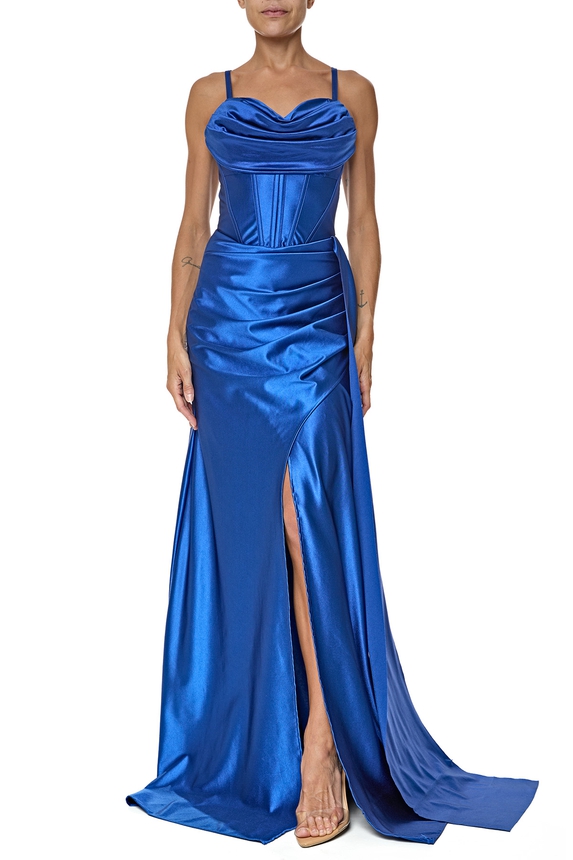 Vestido Longo Cetim Azul - DG76419 Essential Collection