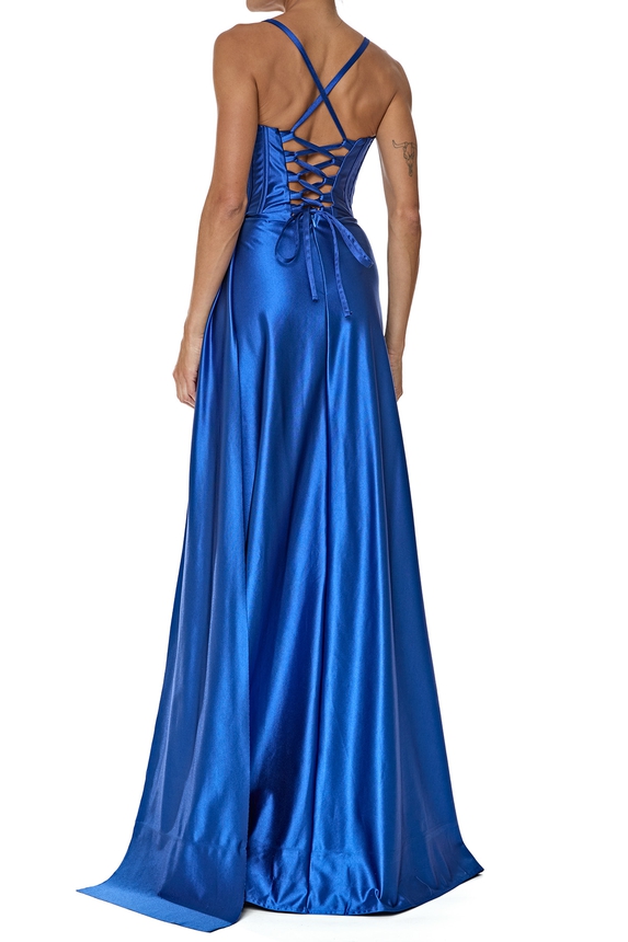 Vestido Longo Cetim Azul - DG76419 Essential Collection