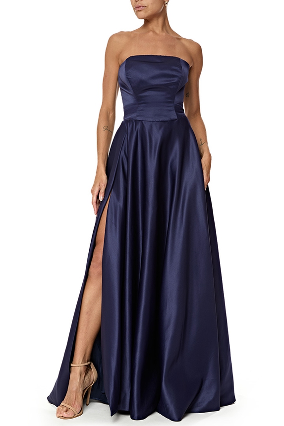 Vestido Longo Cetim Azul - DG76722 Essential Collection