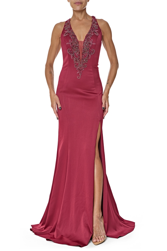 Vestido Longo Cetim Marsala - DG76551 Prime Collection