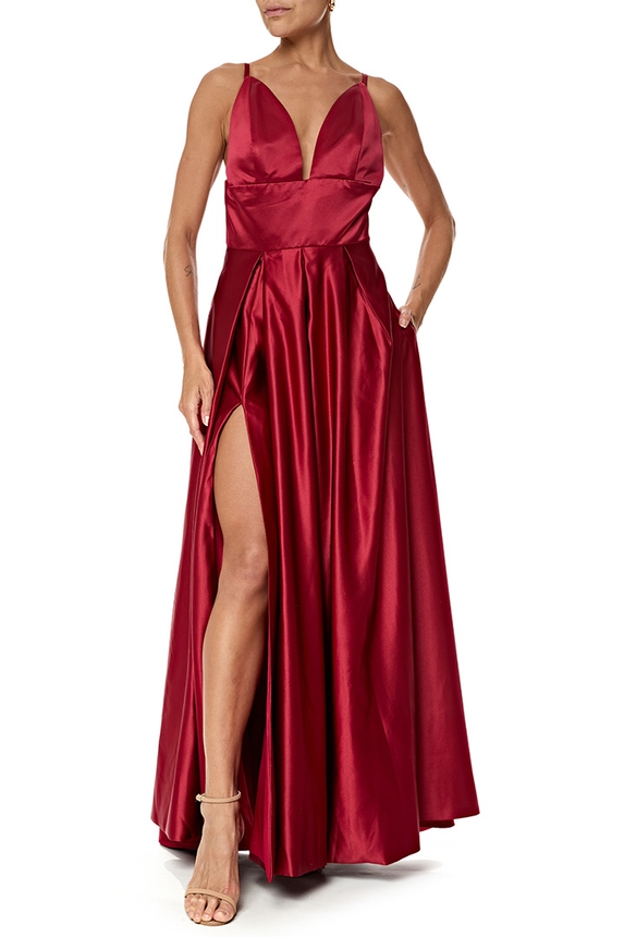 Vestido Longo Cetim Marsala - DG76891 Essential Collection