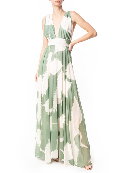 Vestido Longo Crepe Estampado Birds