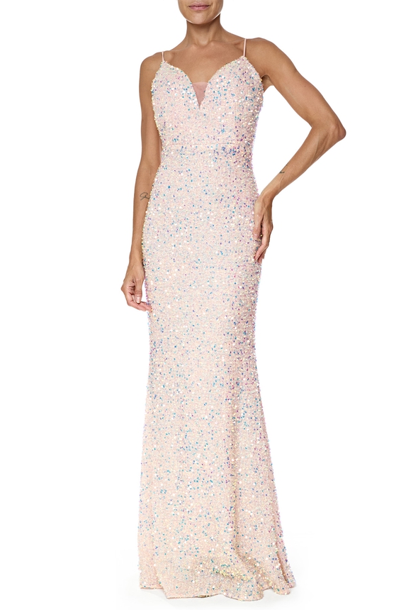 Vestido Longo Paetê Rosa - DG76514 Essential Collection