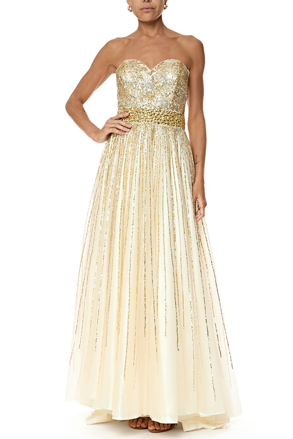 Vestido Longo Tule Bege - DG76718 Prime Collection