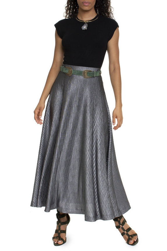 Saia Midi Plissada Lurex Cinza - DG15574 Kika Simonsen