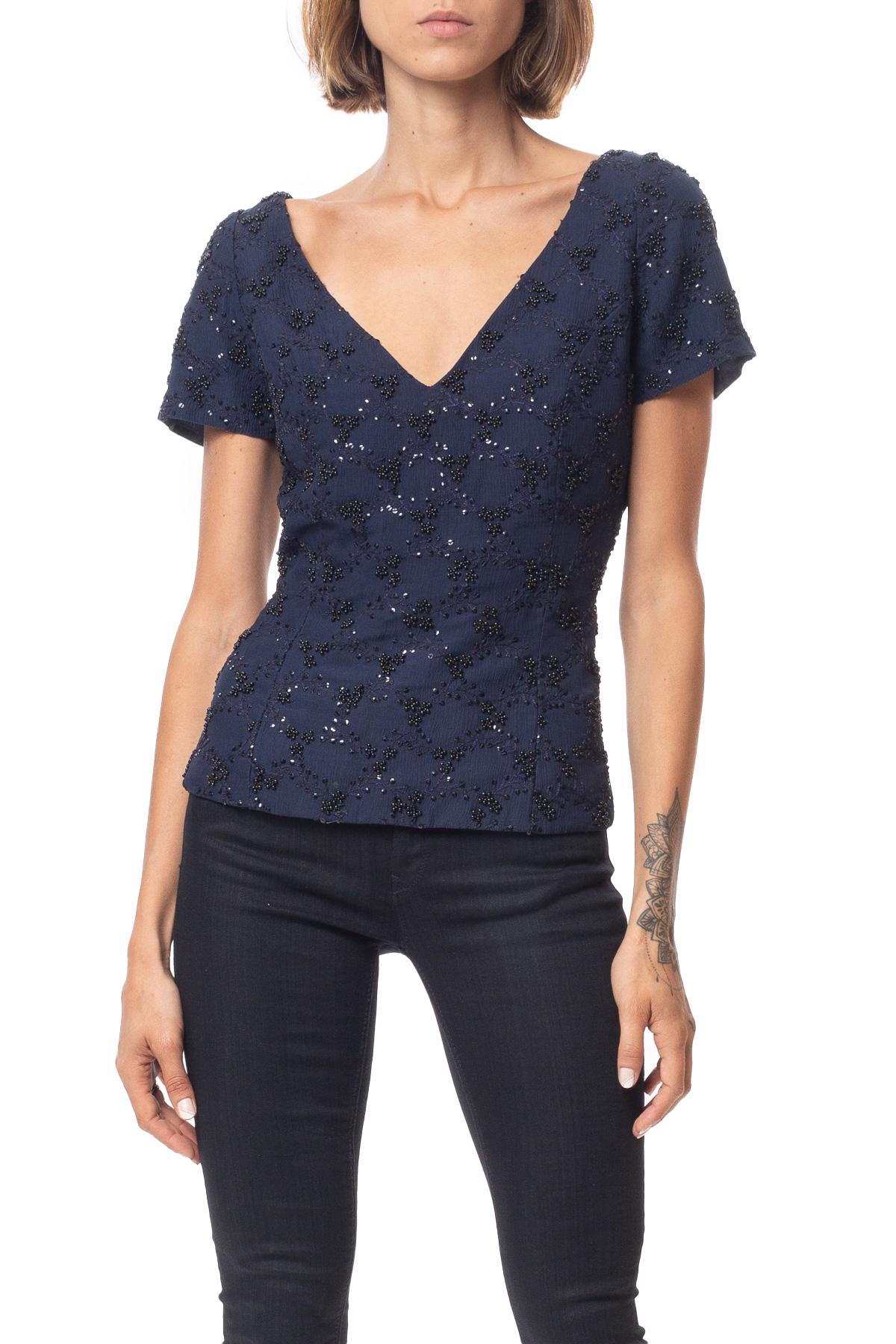 Blusa Manga Curta Crepe Azul Marinho
