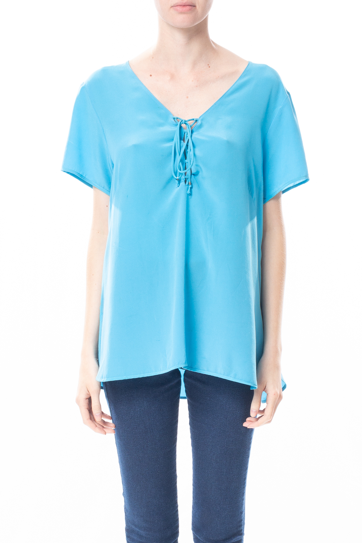 Blusa Manga Curta Seda Azul