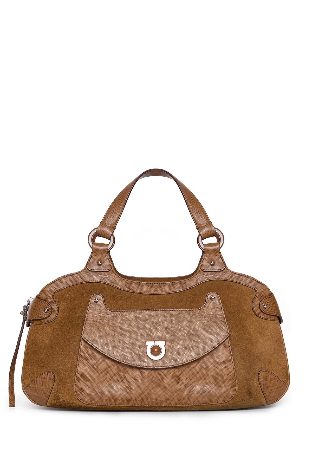 Suede Printed Calfskin Gancini Satchel Brown Salvatore Ferragamo