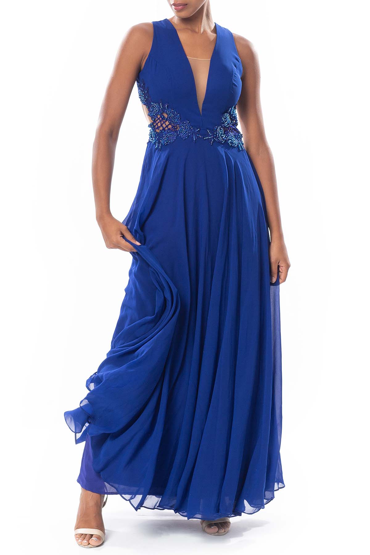 Vestido Longo Crepe Azul