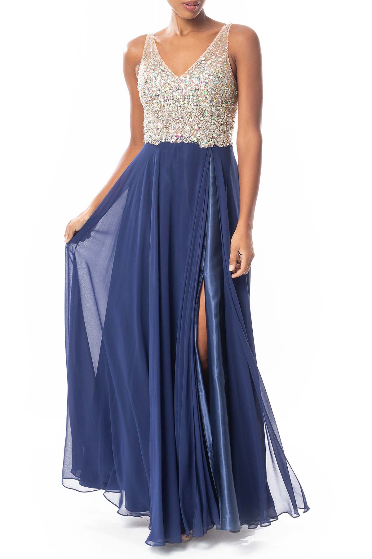 Vestido Longo Crepe Azul Marinho
