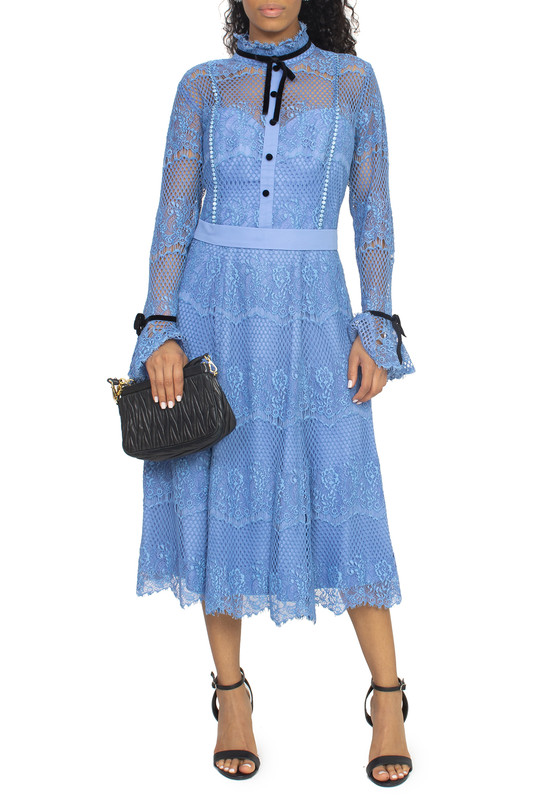 Vestido Midi Azul ML Laço Preto
