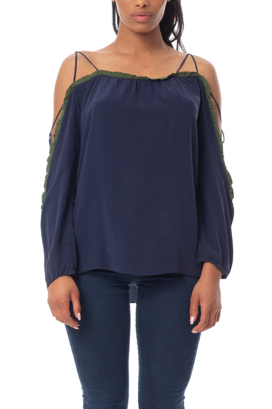 Blusa Manga Longa Seda Azul Marinho
